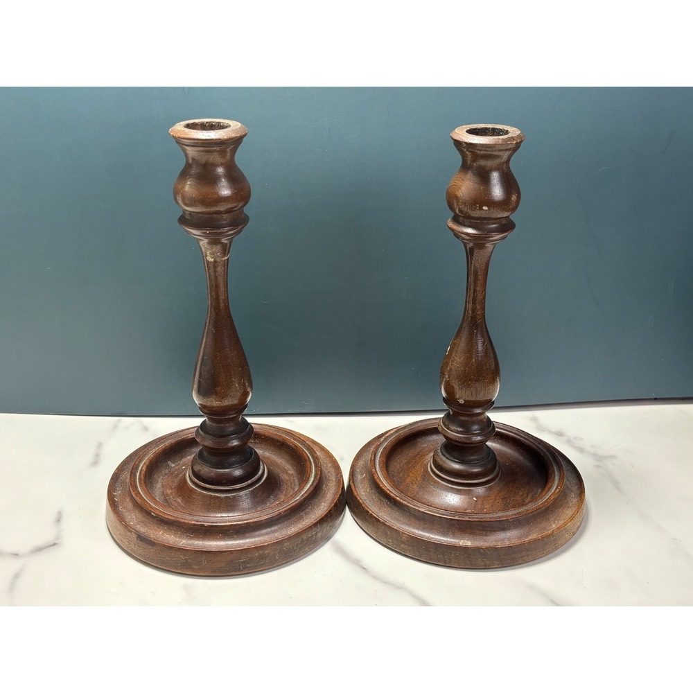Vintage Turned Wood Candlestick Holders Pair Dark Brown Baluster 9 Inch Taper